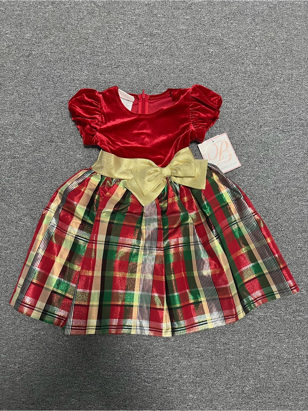Bonnie Jean Girl’s Red & Gold Velvet Plaid Holiday Dress with Bow 4T